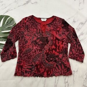AGB Womens Vintage Y2k Mesh Knit Top Size L Red Pink Paisley Floral Boho